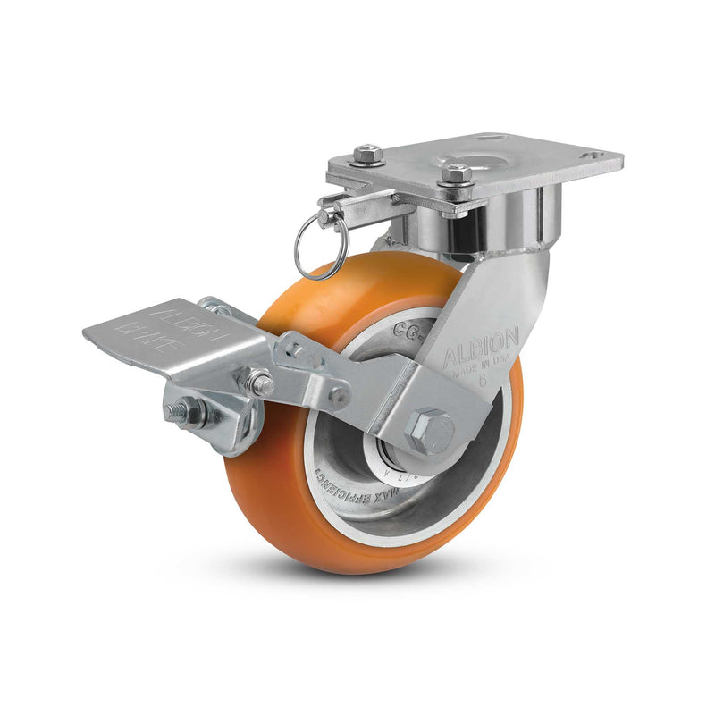 6"x2" USA Ergonomic Brake Caster with MAX-Efficiency Orange Wheel, Swivel Lock, and 4"x4.5" Plate