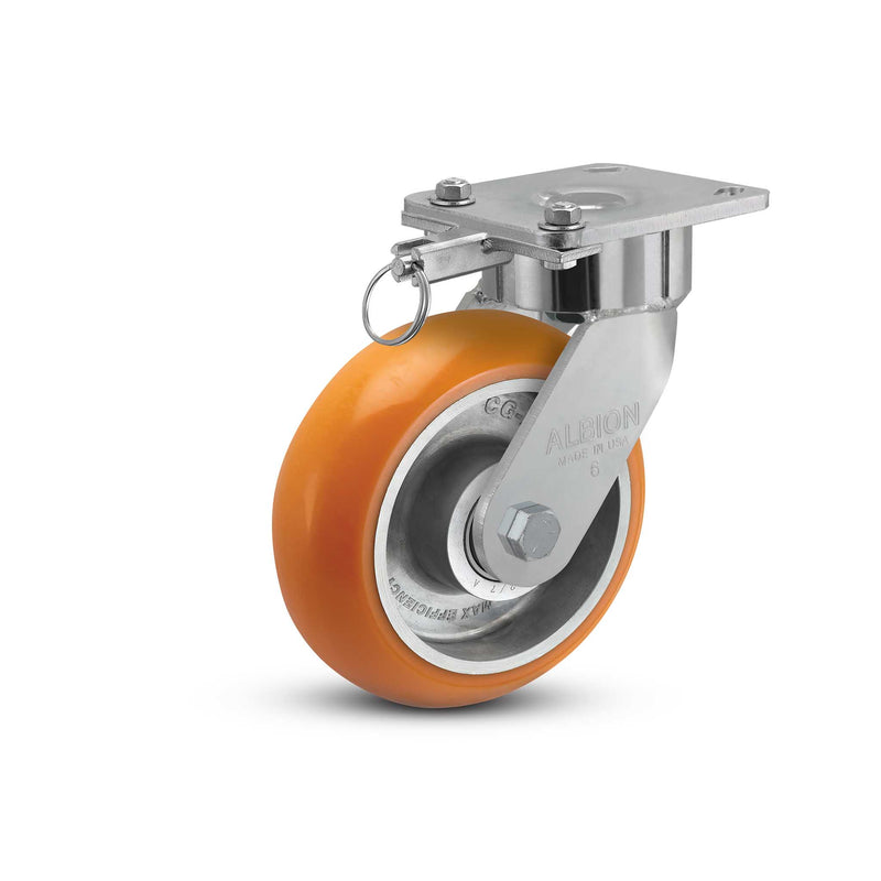 6"x2" USA Ergonomic Swivel Caster with MAX-Efficiency Orange Wheel, Swivel Lock, and 4"x4.5" Plate