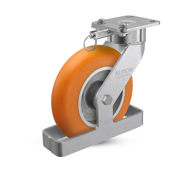 8"x2" USA Ergonomic Swivel Caster (9.5" OAH) with MAX-Efficiency Orange Wheel, Toe Guard, Swivel Lock, and 4"x4.5" Plate