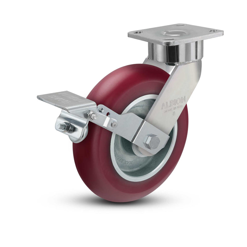 8"x2" USA Ergonomic Brake Caster (9.5" OAH) with MAX-Efficiency Wheel and 4"x4.5" Plate