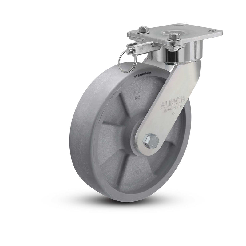 8"x2" USA Ergonomic Swivel Caster (9.5" OAH) with Nylon Wheel, Swivel Lock, and 4"x4.5" Plate