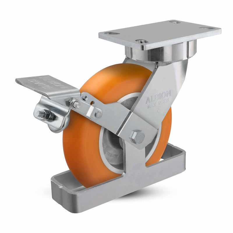 8"x2" USA Ergonomic Brake Caster (9.5" OAH) with MAX-Efficiency Orange Wheel, Toe Guard, and 6.25"x4.5" Plate