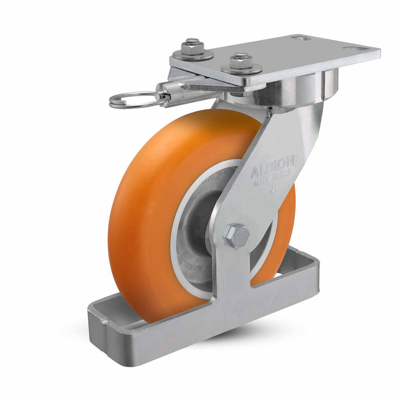 8"x2" USA Ergonomic Swivel Caster (9.5" OAH) with MAX-Efficiency Orange Wheel, Toe Guard, Swivel Lock, and 6.25"x4.5" Plate