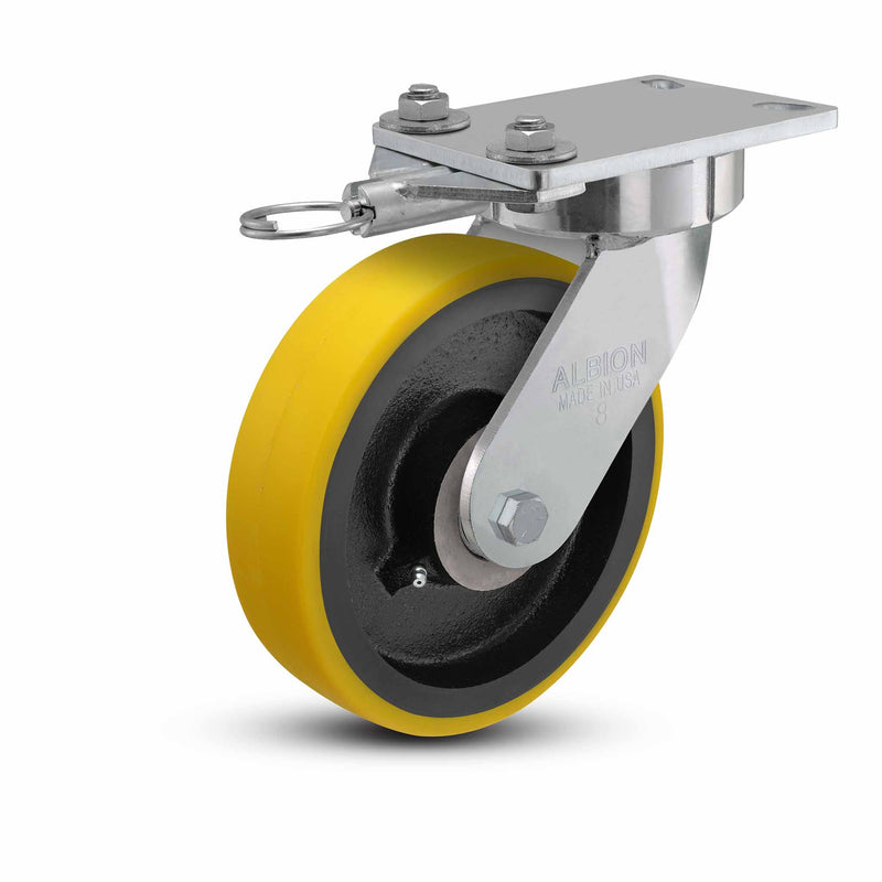 8"x2" USA Ergonomic Swivel Caster (9.5" OAH) with HD Poly-on-Iron Wheel, Swivel Lock, and 6.25"x4.5" Plate