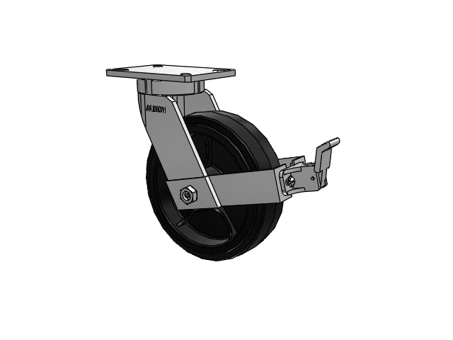 Value Kingpinless 10"x3" Rubber-on-Iron Wheel Caster with Face Brake and 7.25"x5.25" Plate