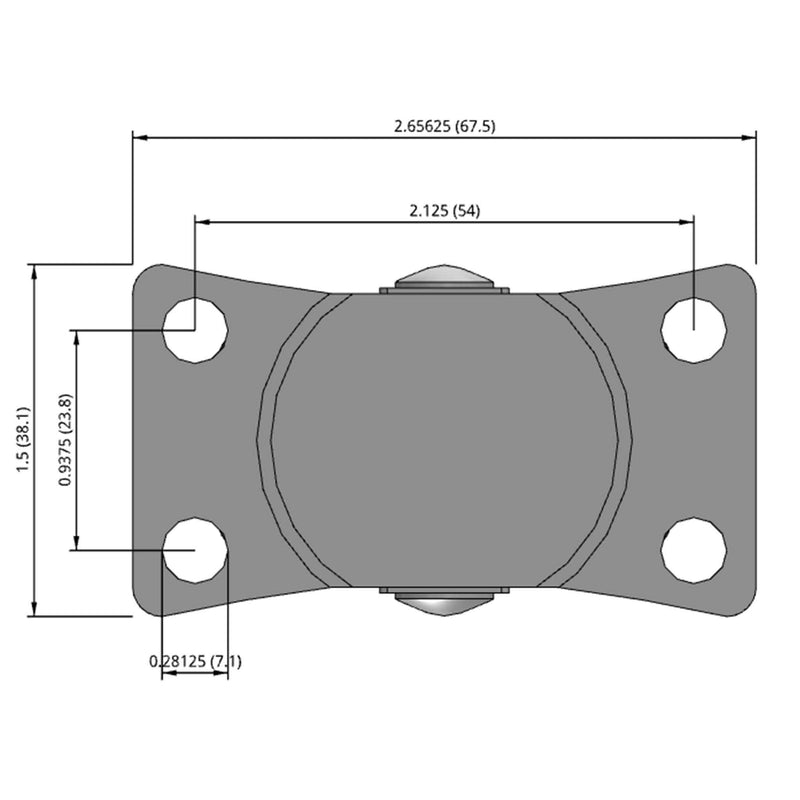 Side dimensioned CAD view of a Faultless Casters 2" x 1" wide wheel Rigid caster with 1-1/2" x 2-21/32" top plate, without a brake, Hard Rubber wheel and 150 lb. capacity part