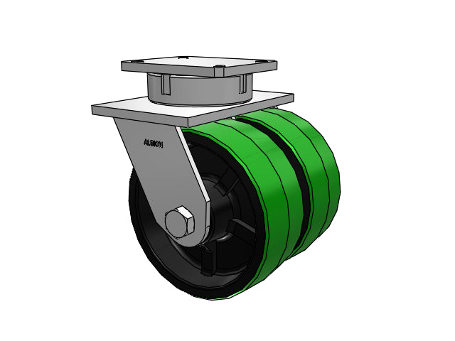 Dual-Wheel Kingpinless 10"x4" Green Poly-on-Iron Wheel Caster with 7.5"x6.25" Plate