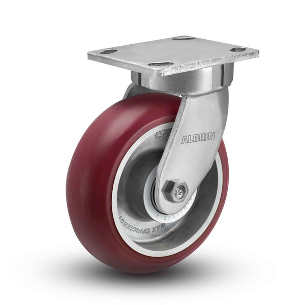 Main view of an Albion Casters 6" x 2" wide wheel Swivel caster with 4" x 4-1/2" top plate, without a brake, AX - Round Polyurethane (Aluminum Core) wheel and 1250 lb. capacity part# 110AX06228S