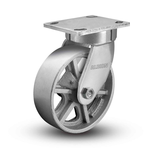 Main view of an Albion Casters 6" x 2" wide wheel Swivel caster with 4" x 4-1/2" top plate, without a brake, CA - Cast Iron wheel and 1400 lb. capacity part# 110CA06201S