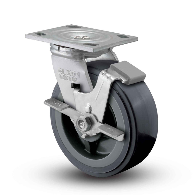 Main view of an Albion Casters 5" x 2" wide wheel Swivel caster with 4" x 4-1/2" top plate, with a side locking brake, XA - Polyurethane (Polypropylene Core) wheel and 750 lb. capacity part