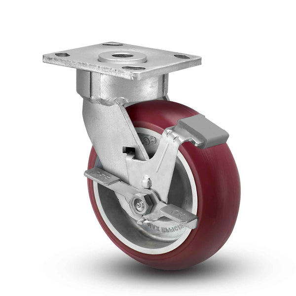 Main view of an Albion Casters 8" x 2" wide wheel Swivel caster with 4" x 4-1/2" top plate, with a side locking brake, AX - Round Polyurethane (Aluminum Core) wheel and 1250 lb. capacity part# 18AX08228SFBC