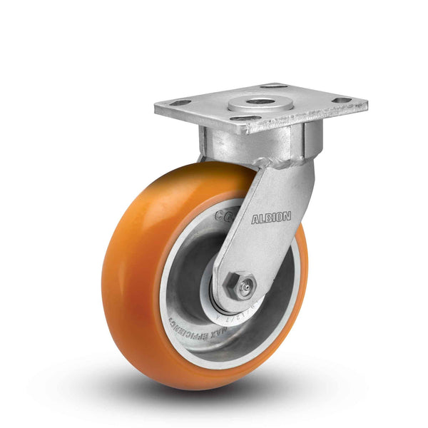 Main view of an Albion Casters 5" x 2" wide wheel Swivel caster with 4" x 4-1/2" top plate, without a brake, AN - Round Polyurethane (Aluminum Core) wheel and 1000 lb. capacity part# 18AN05228S