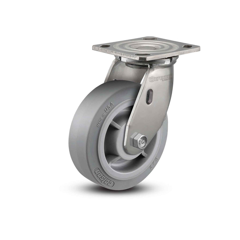 Stainless 5"x2" Performa Rubber (Flat/Grey) Precision Ball Bearing Caster with 4"x4.5" Plate