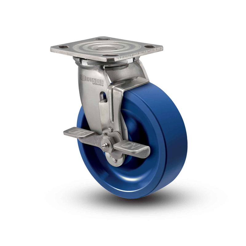 Stainless 5"x2" K Solid Polyurethane Precision Ball Bearing Side-Lock Caster with 4"x4.5" Plate