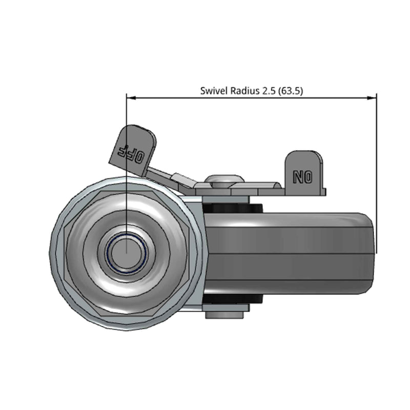 Side dimensioned CAD view of a Shepherd Casters 3" x 0.8125" wide wheel Swivel caster with 3/8"-16 x 1-1/2" stud, with a side locking brake, Thermoplastic Rubber wheel and 110 lb. capacity part