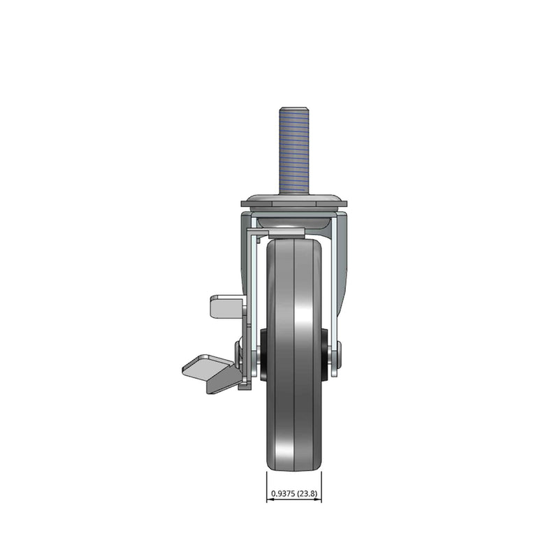 Top dimensioned CAD view of a Shepherd Casters 4" x 0.94" wide wheel Swivel caster with 1/2"-13 x 1-1/2" stud, with a side locking brake, Thermoplastic Rubber wheel and 125 lb. capacity part