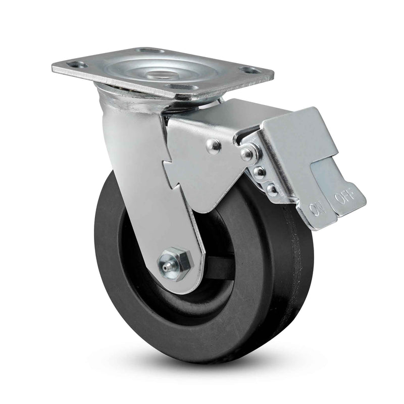 Main view of a Pemco Casters 5" x 2" wide wheel Swivel caster with 4" x 4-1/2" top plate, with a top total locking brake, Phenolic wheel and 1000 lb. capacity part