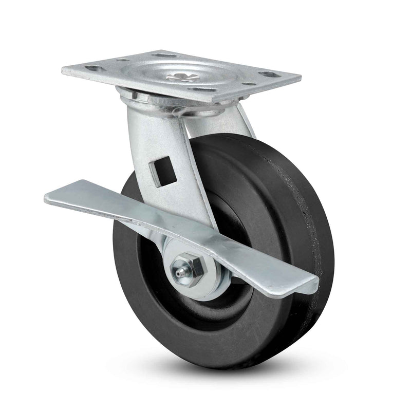 Main view of a Pemco Casters 8" x 2" wide wheel Swivel caster with 4" x 4-1/2" top plate, with a side locking brake, Phenolic wheel and 1250 lb. capacity part