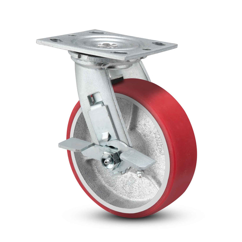 Main view of a Pemco Casters 5" x 2" wide wheel Swivel caster with 4" x 4-1/2" top plate, with a side locking brake, Mold-on Poly wheel and 1100 lb. capacity part